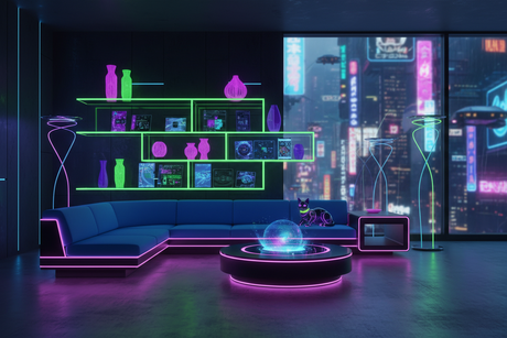 CRIE UMA IMAGEM DE COISAS PARA A CASA NAS CORES NEON IMAGEM FUTURISTA